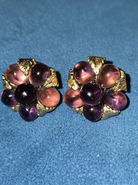 Napier Gold & Amythest Floral Clip Earrings with Pink and Purple Cabochons